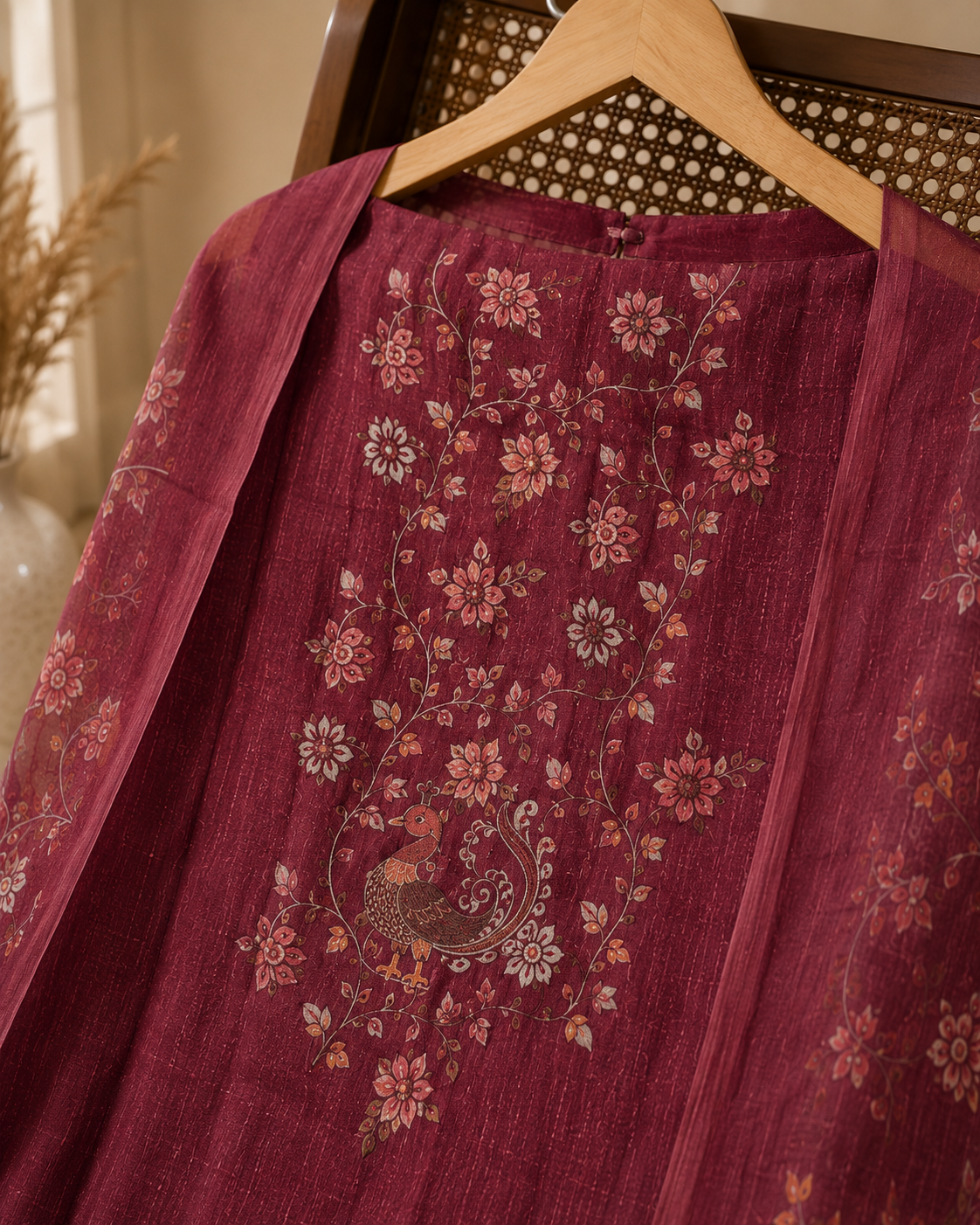 Gulnaar Peacock Print Mul Chanderi Unstitched Suit Set with Printed Dupatta