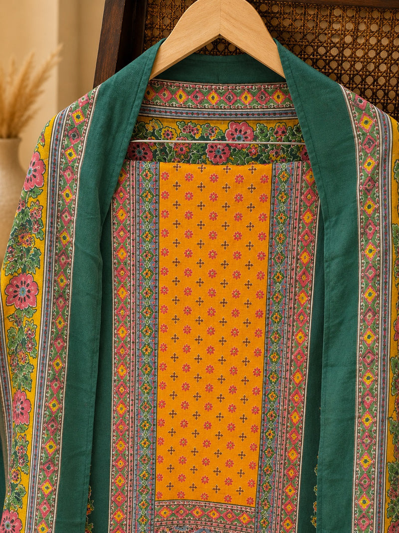 Jaam Cotton Printed Suit Set with Cotton Dupatta & Rayon Bottom – Emerald Green