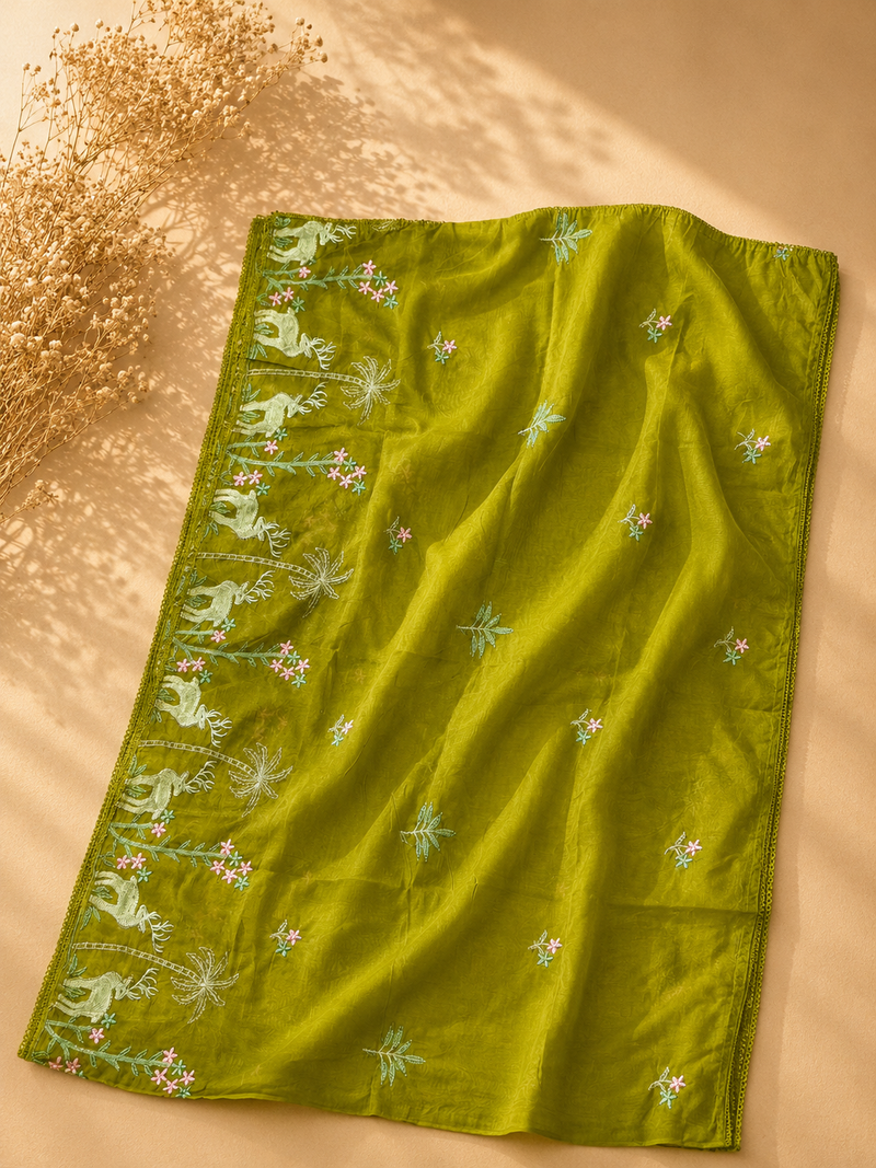 Olive Green Roman Silk Suit Set with Nature-Inspired Embroidery