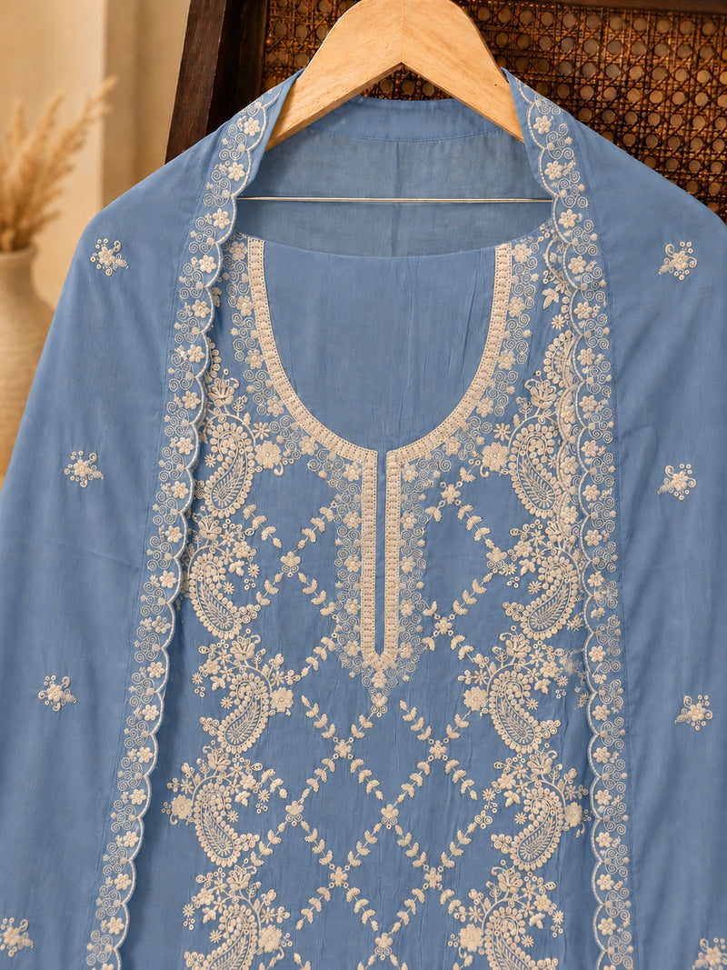 Premium Sky Blue Mul Cotton Embroidered Dress Material with Matching Mul Dupatta | Unstitched Salwar Suit Set