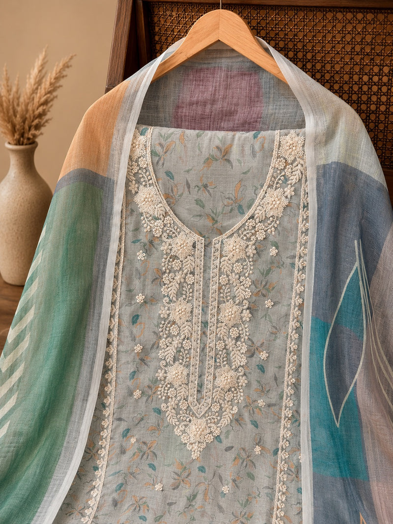 Sage Green Floral Cotton Suit Set with Printed Dupatta
