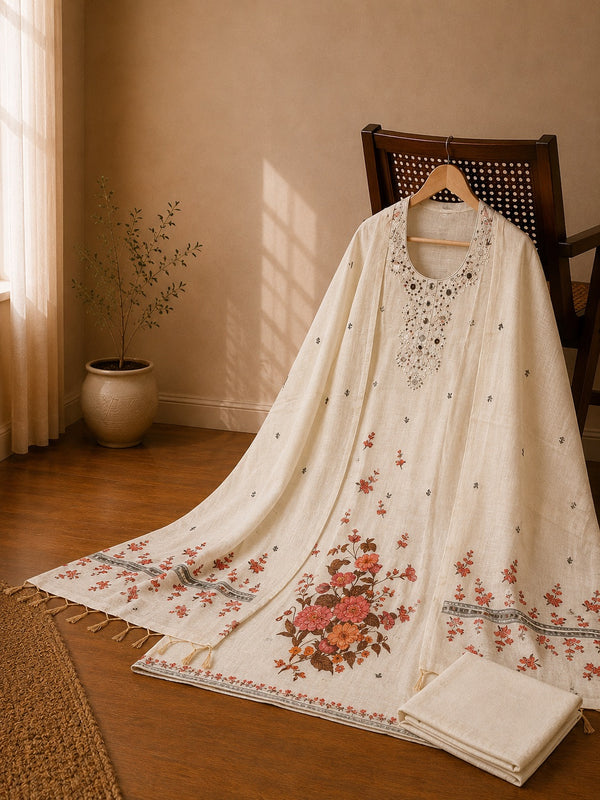 Off White Jamdani Silk Mirror Work Suit Set with Floral Dupatta