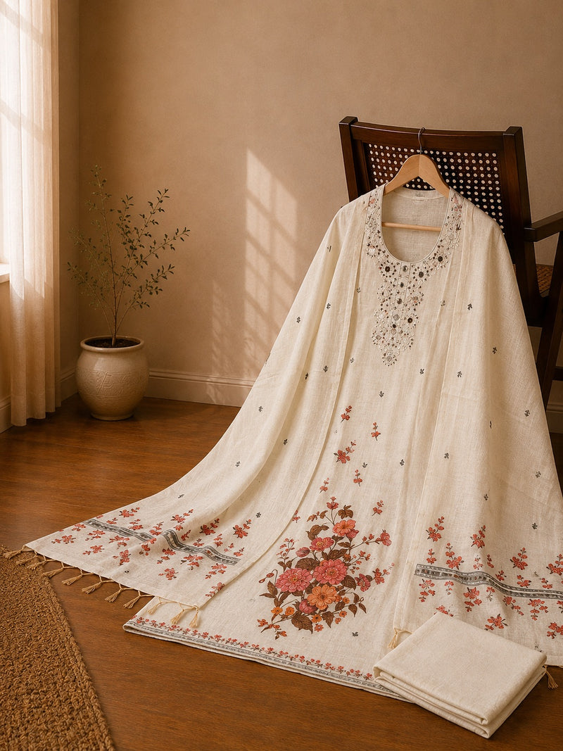 Off White Jamdani Silk Mirror Work Suit Set with Floral Dupatta