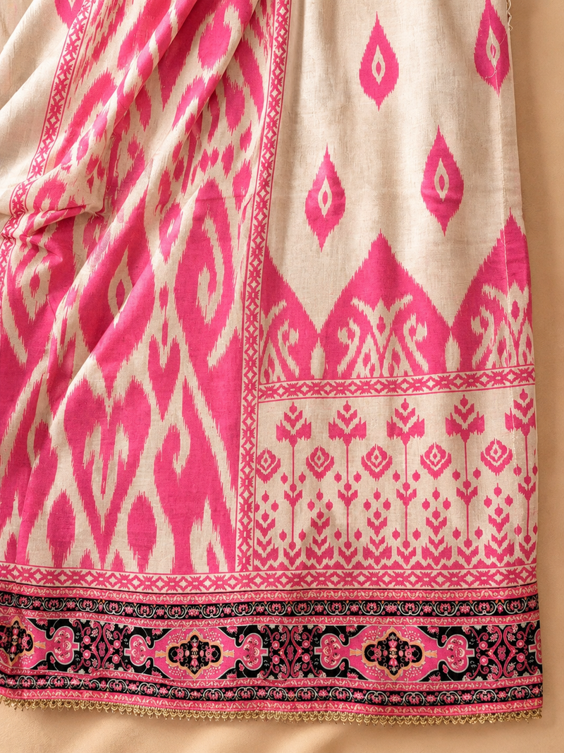 Ivory Muslin Suit Set with Ikat-Inspired Dupatta & Mirror Work