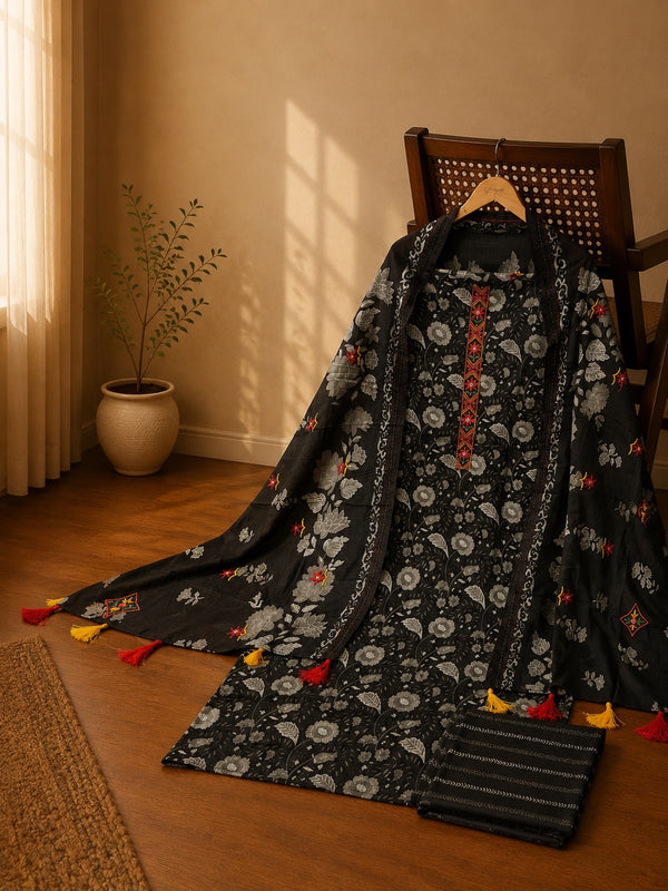 Black Floral Cotton Suit Set with Embroidered Dupatta