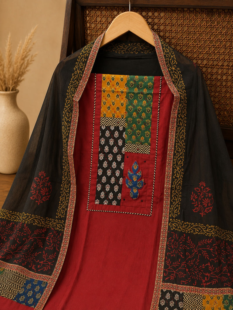Ivory Linen Cotton Suit Set with Multicolor Embroidered Yoke & Printed Dupatta