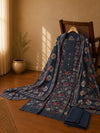 Navy Blue Floral Cotton Suit Set with Printed Dupatta