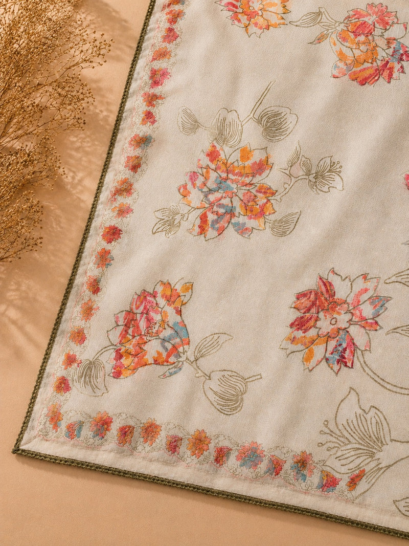 Premium Ivory Linen Cotton Dress Material with Floral Printed Dupatta | Unstitched Salwar Suit Set