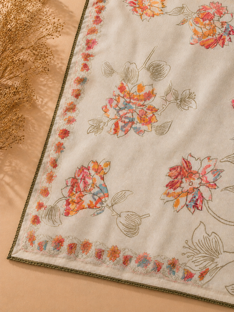Peach Bloom Linen Unstitched Suit Set with Printed Dupatta