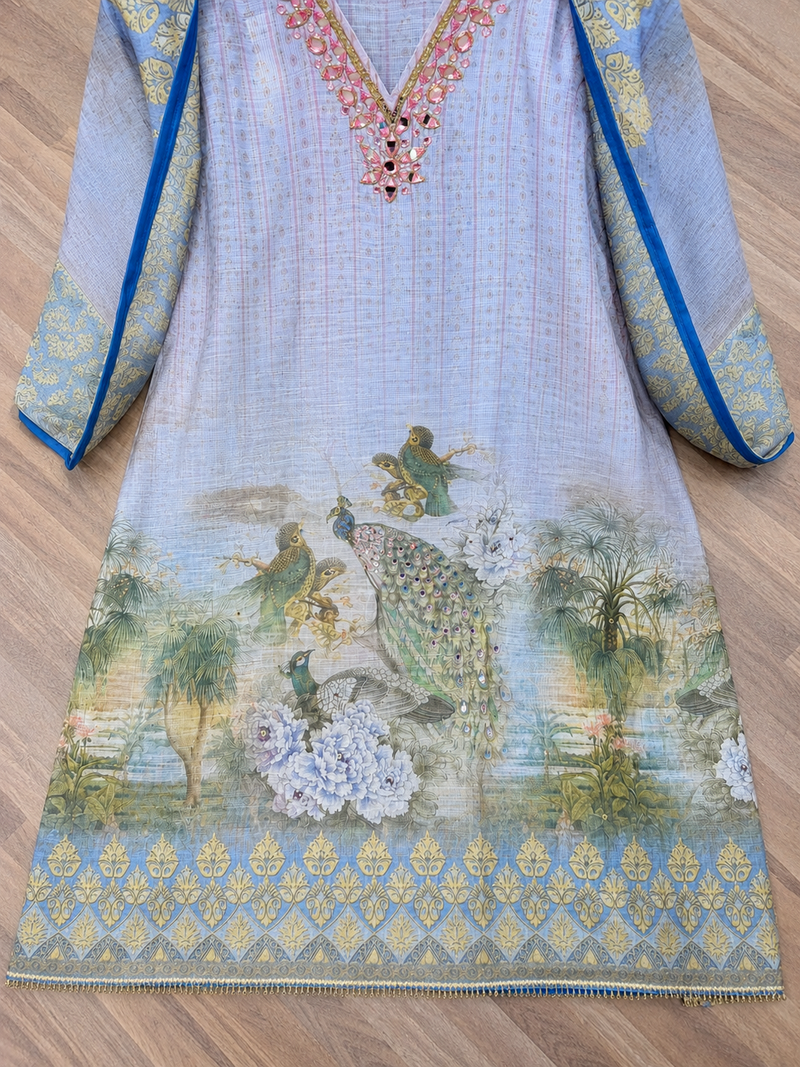 Powder Blue Linen Suit Set with Regal Peacock Print