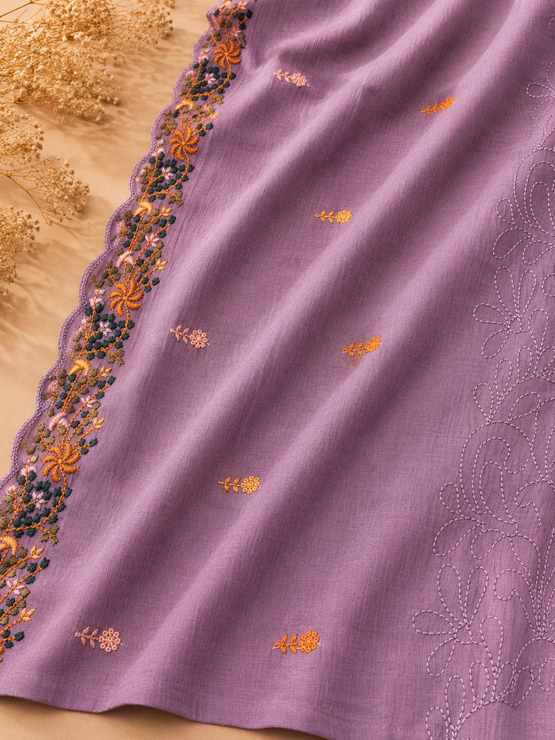 Mauve Meadow Mul Crush Unstitched Suit Set with Embroidered Dupatta