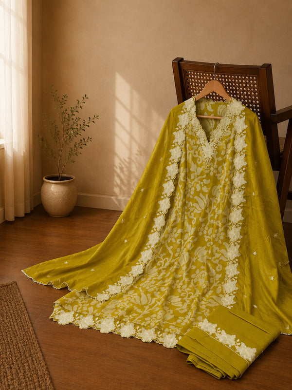 Olive Green Chikankari Cotton Suit Set with Embroidered Dupatta