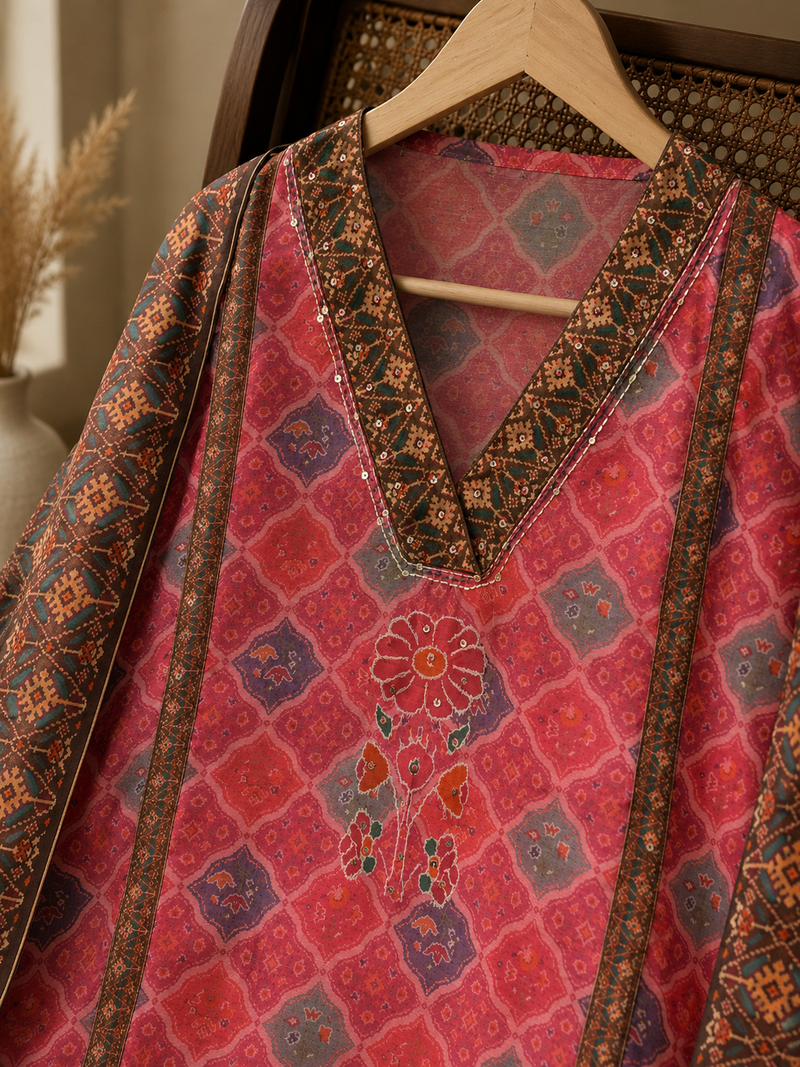 Ruby Mosaic Chanderi Unstitched Suit Set with Printed Dupatta