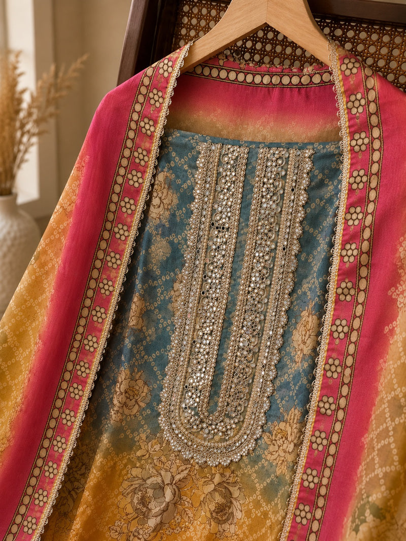 Premium Floral Printed Dress Material with Embroidered Neck & Matching Dupatta | Unstitched Suit Set