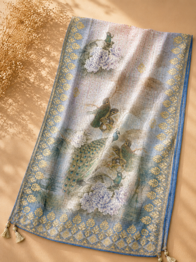 Powder Blue Linen Suit Set with Regal Peacock Print