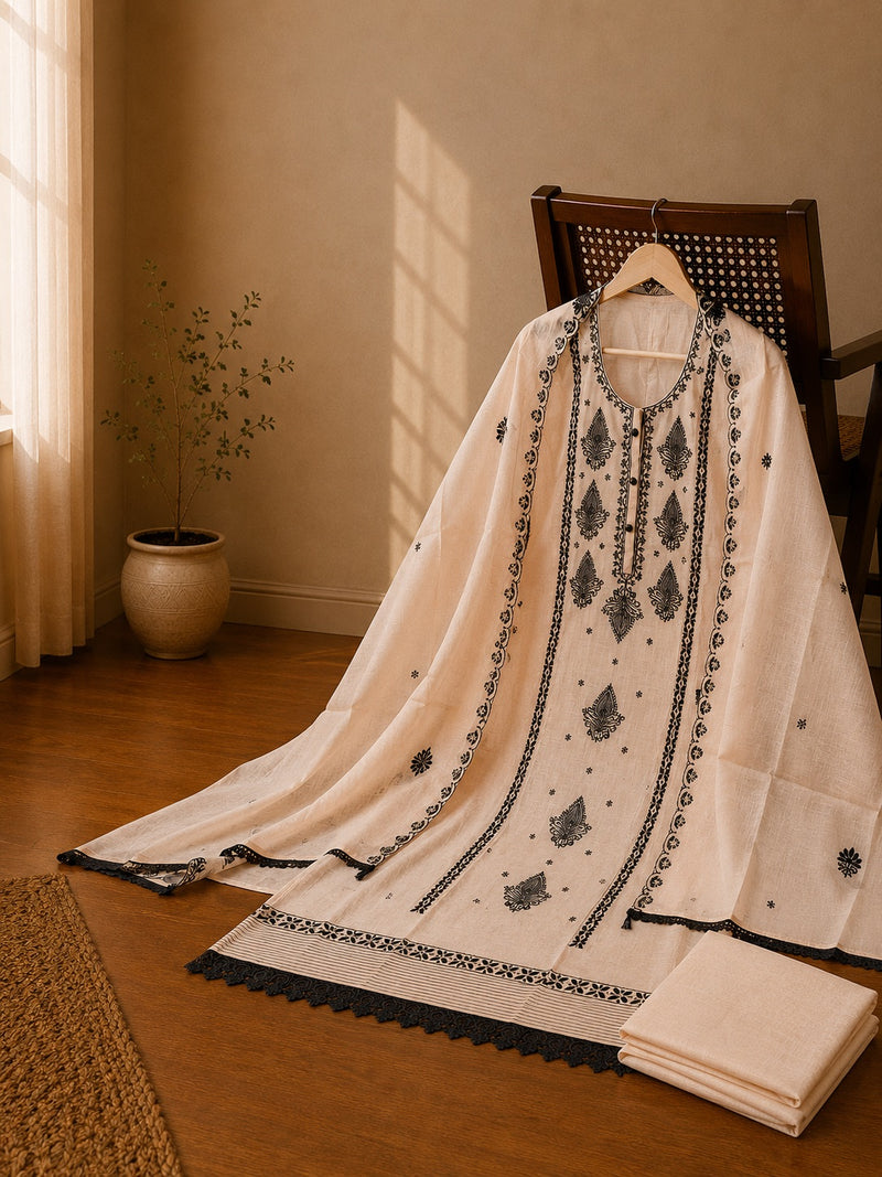 Ivory Mul Chanderi Thread Work Kurta & Dupatta Set