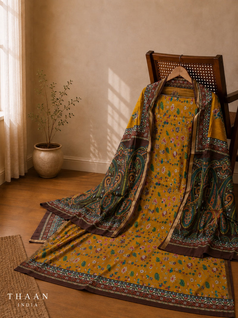 Premium Mustard Floral Printed Dress Material with Paisley Printed Dupatta | Unstitched Suit Set