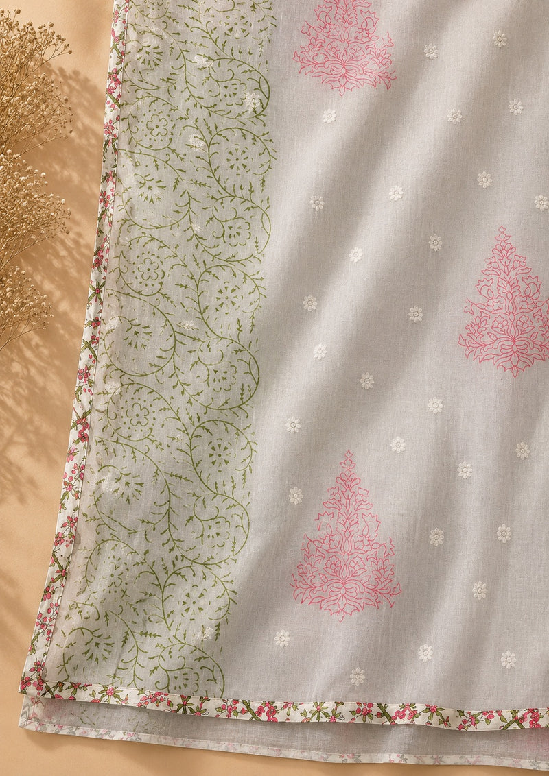Ivory Floral Cotton Suit Set with Printed Dupatta