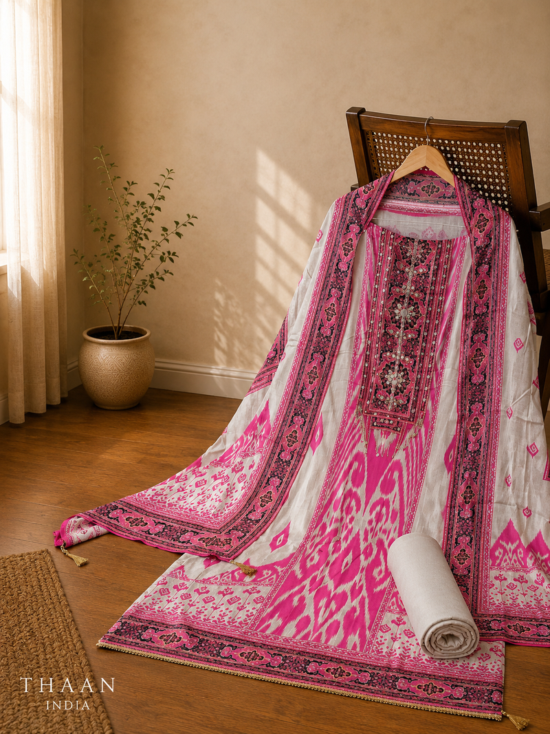 Ivory Muslin Suit Set with Ikat-Inspired Dupatta & Mirror Work