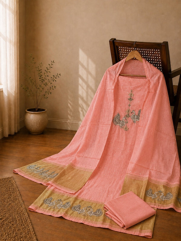 Blush Pink Linen Cotton Suit Set with Embroidered Dupatta