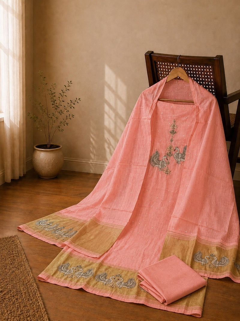 Blush Pink Linen Cotton Suit Set with Embroidered Dupatta