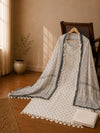 White Linen Mirror Work Suit Set with Printed Dupatta
