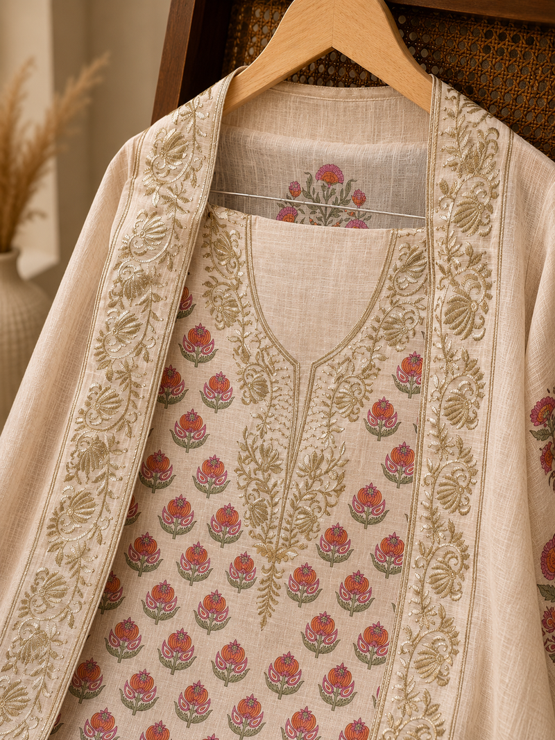 Ivory Pure Cotton Suit Set with Floral Buti Print & Embroidered Dupatta