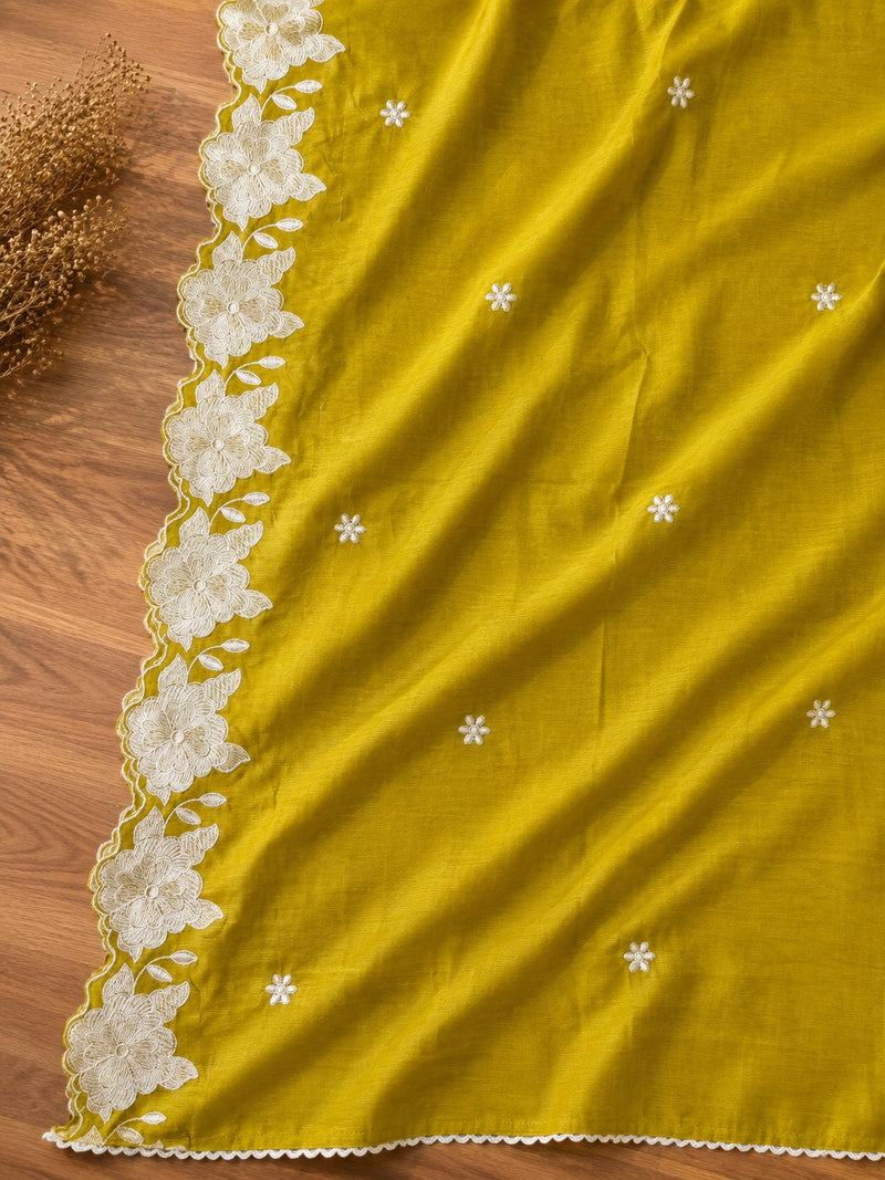 Olive Green Chikankari Cotton Suit Set with Embroidered Dupatta