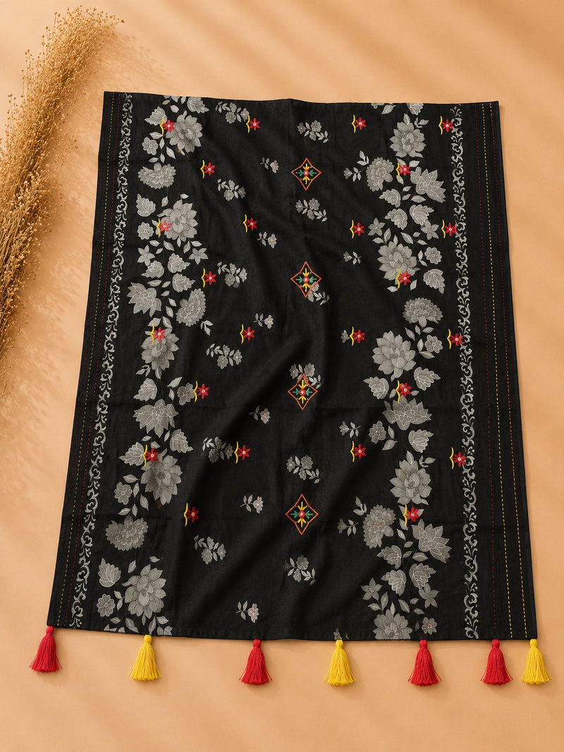 Black Floral Cotton Suit Set with Embroidered Dupatta