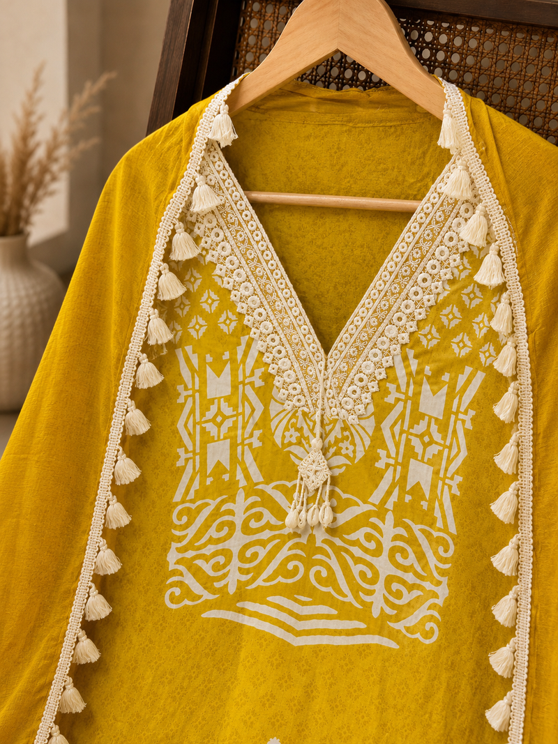 Mustard Yellow Muslin Suit Set with Tassel Dupatta