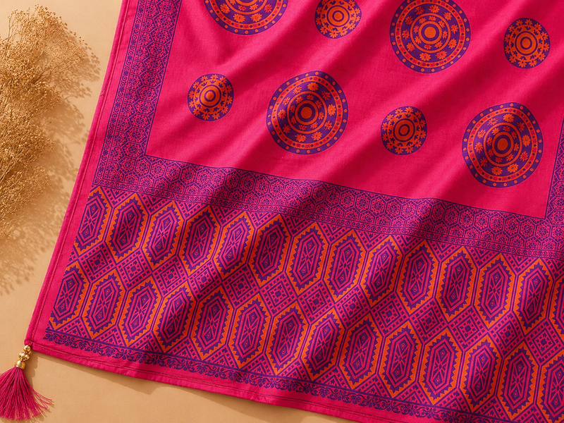 Fuchsia Russian Silk Suit Set with Geometric Printed Dupatta