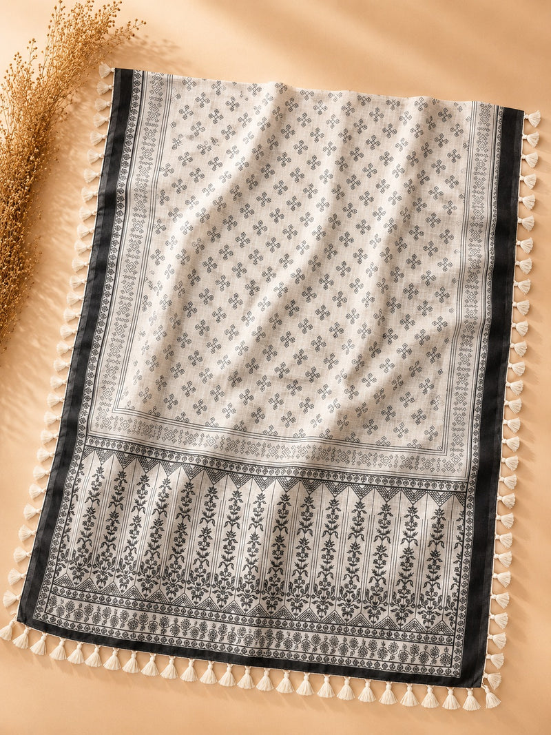 White Linen Mirror Work Suit Set with Printed Dupatta