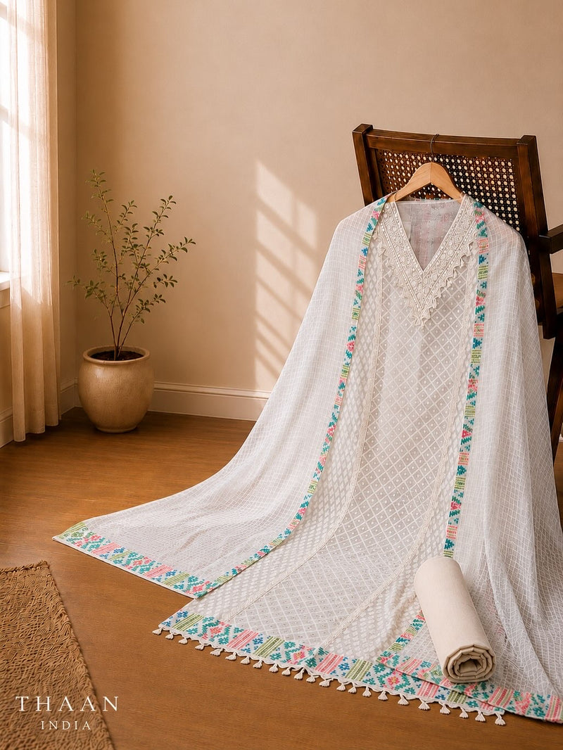 Ivory Mul Chanderi Suit Set with Embroidered Neckline & Woven Border