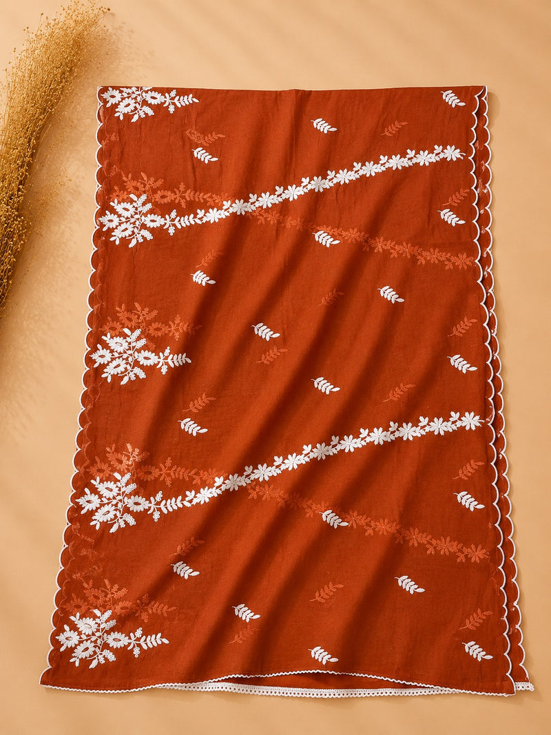 Rust Cotton Embroidered Suit Set with Embroidered Kota Doria Dupatta