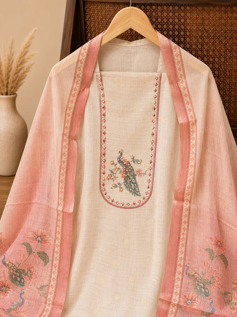 Peach Kota Banarasi Booti Suit Set with Peacock Printed Dupatta