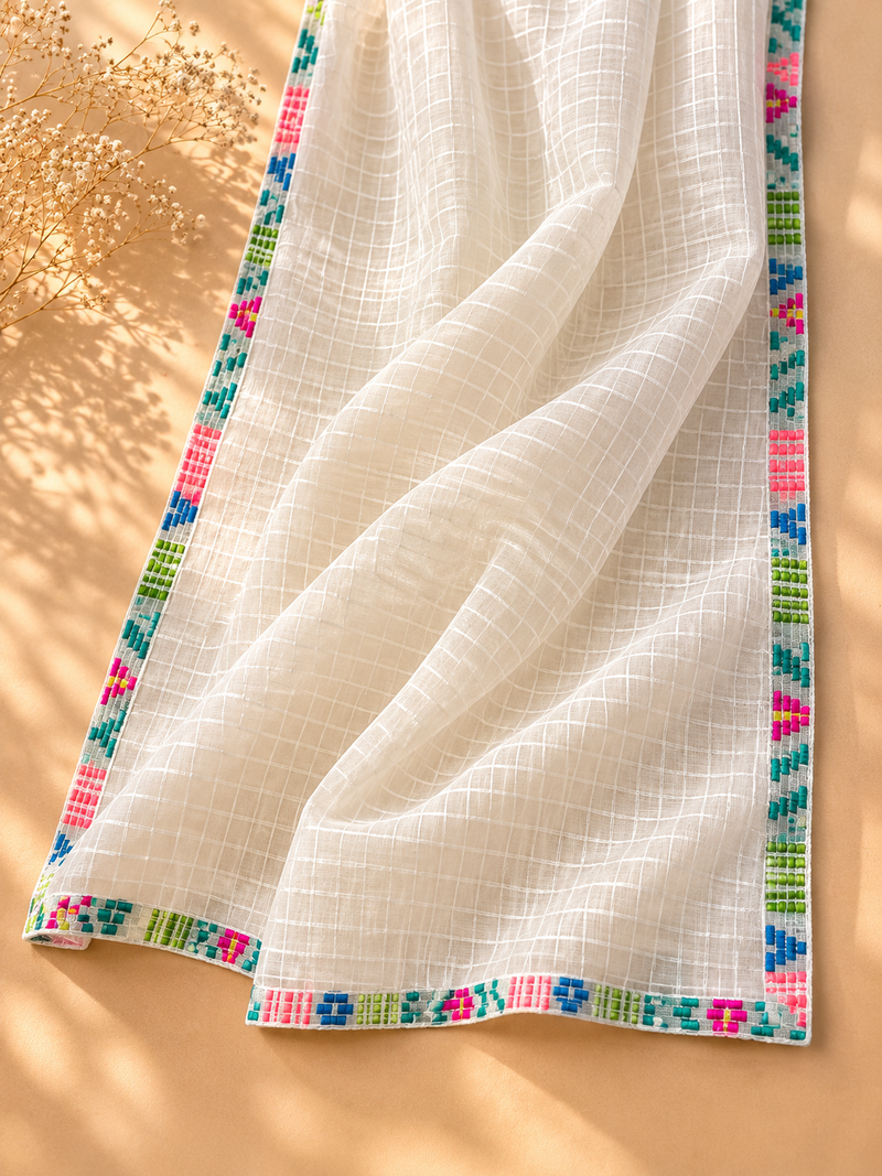 Ivory Mul Chanderi Suit Set with Embroidered Neckline & Woven Border