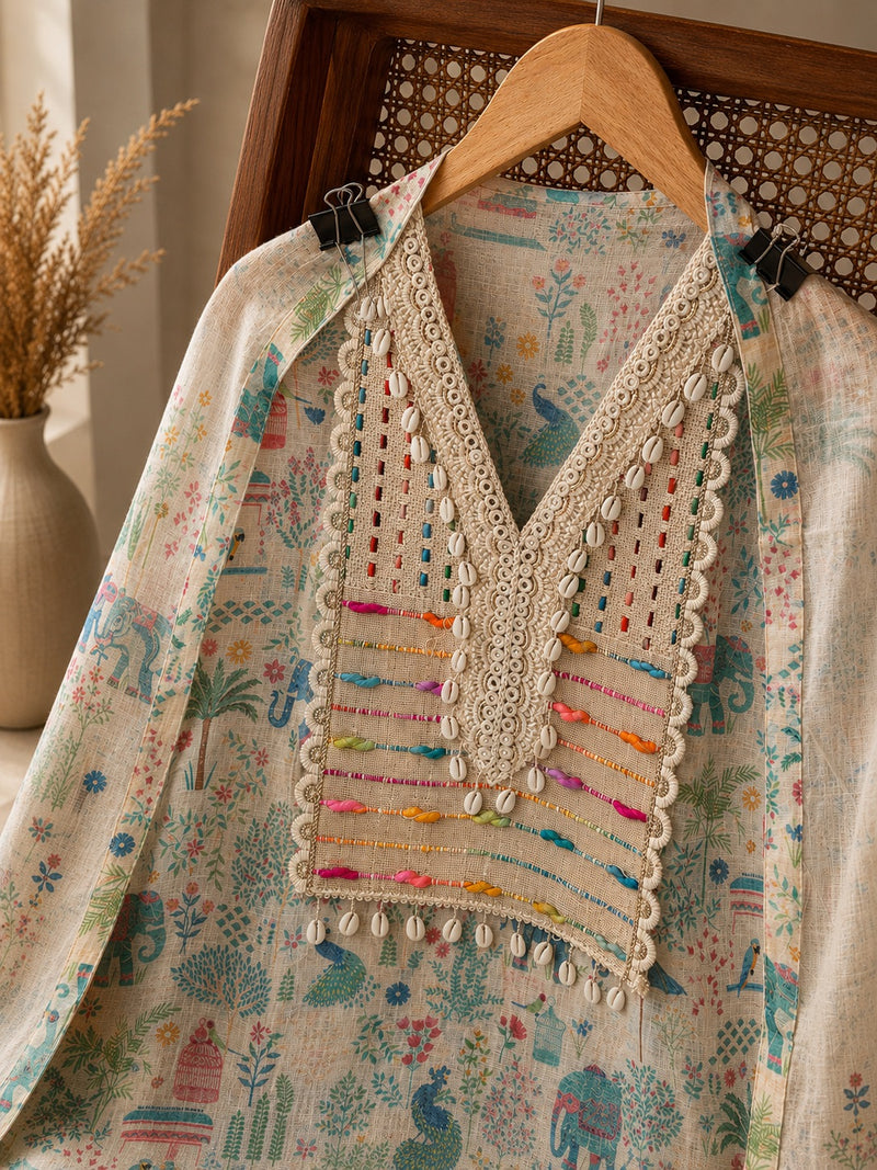 Ivory Heritage Print Cotton Suit Set with Embroidered Organza Dupatta
