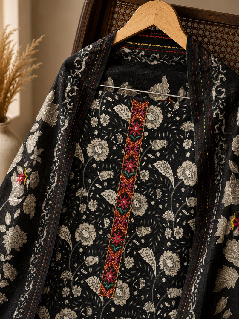 Black Floral Cotton Suit Set with Embroidered Dupatta