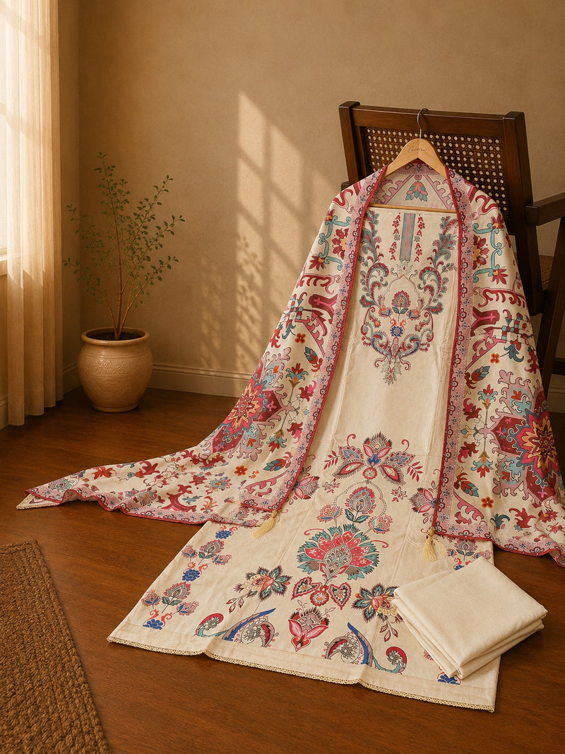 Ivory Floral Printed Suit Set with Premium Digital Print Dupatta