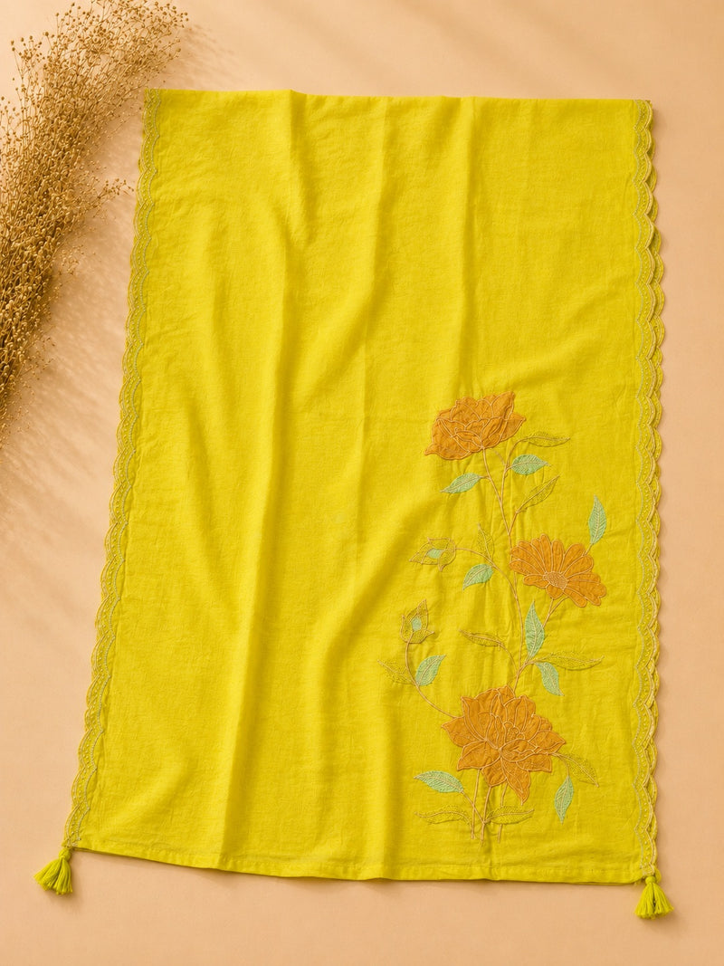 Lime Green Pure Ikkat Handloom Cotton Suit Set with Embroidered Cotton Dupatta