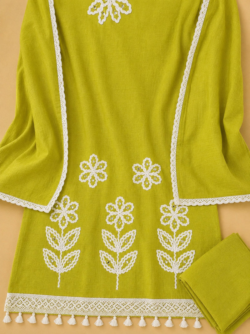 Lime Green Embroidered Kurta Set with Crochet Lace Dupatta