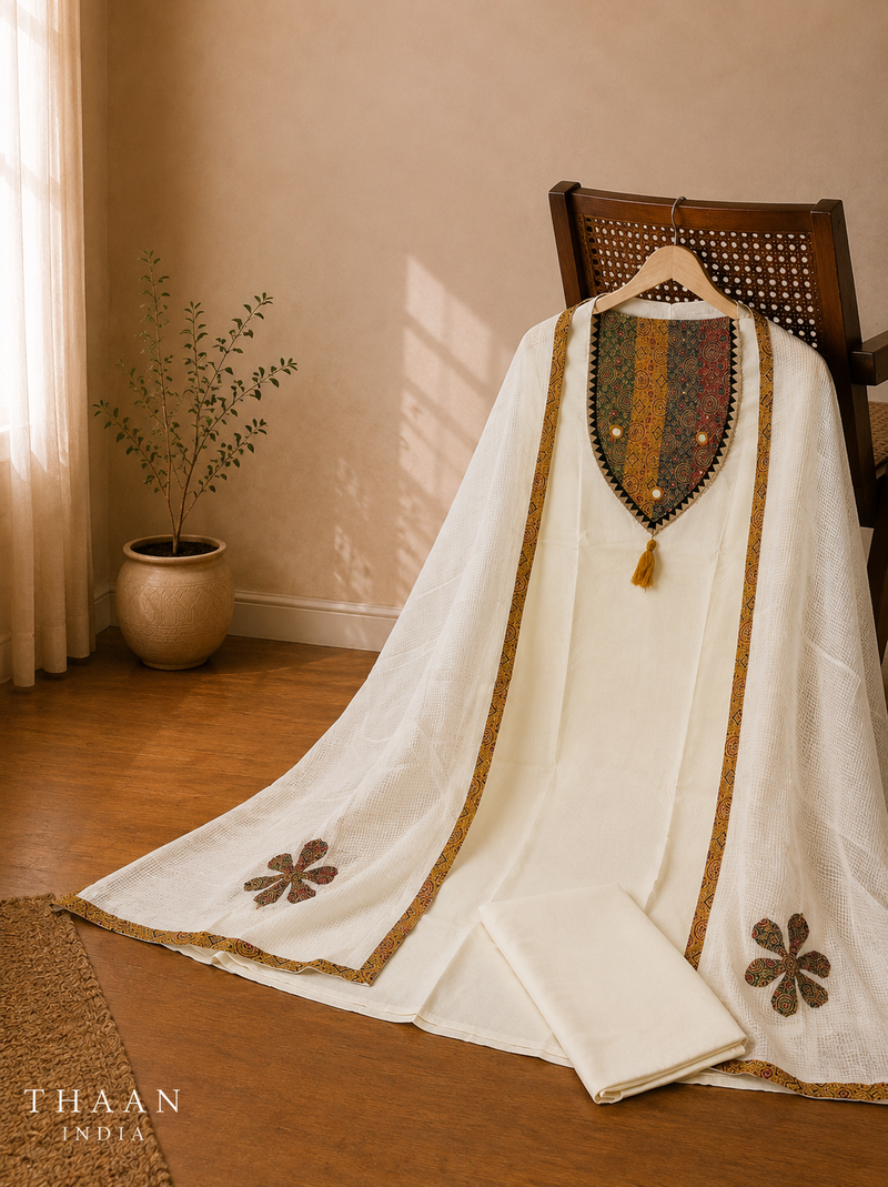 Ivory Pure Cotton Suit Set with Ajrakh Neckline & Textured Dupatta