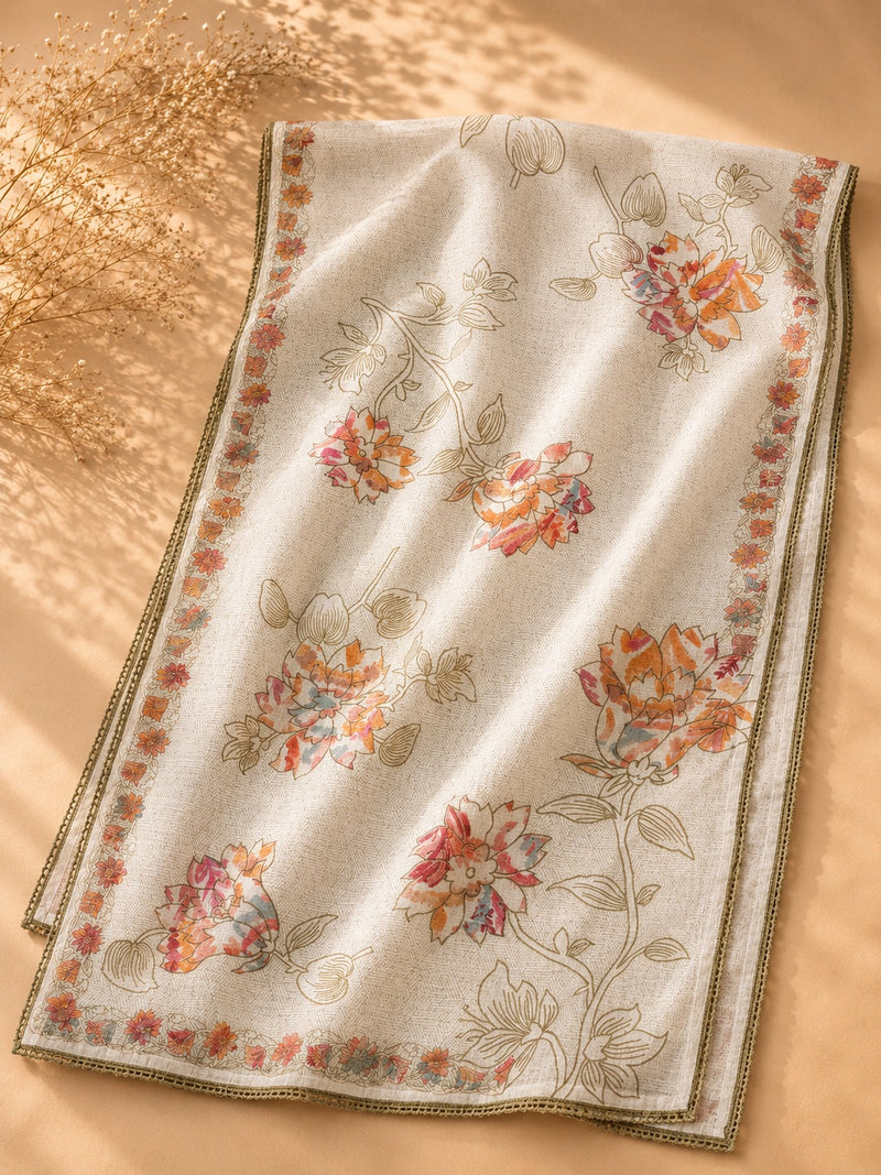 Premium Ivory Linen Cotton Dress Material with Floral Printed Dupatta | Unstitched Salwar Suit Set