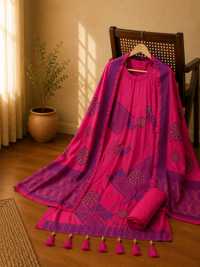 Fuchsia Russian Silk Suit Set with Geometric Printed Dupatta