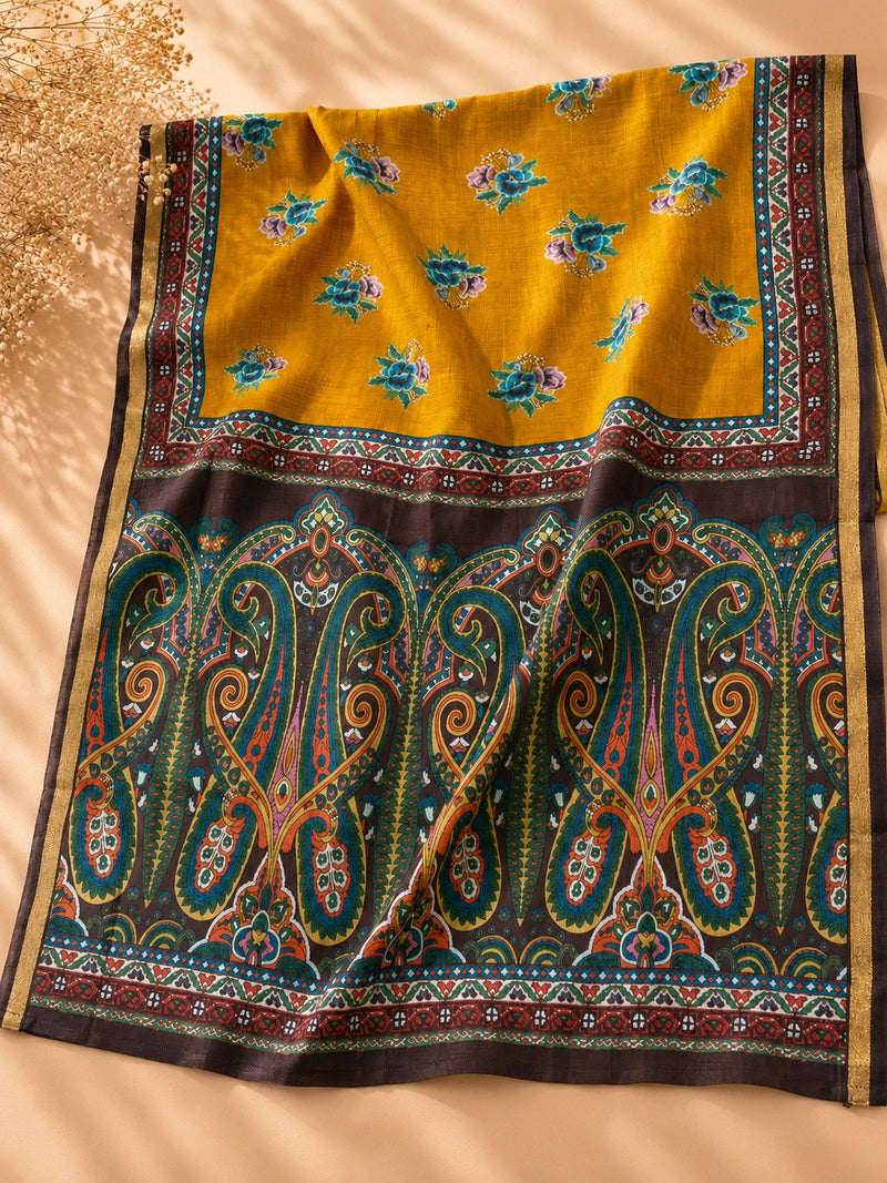 Premium Mustard Floral Printed Dress Material with Paisley Printed Dupatta | Unstitched Suit Set