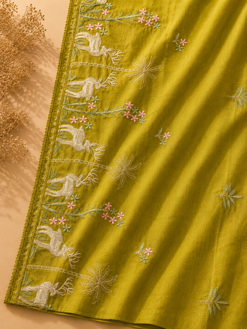 Olive Green Roman Silk Suit Set with Nature-Inspired Embroidery