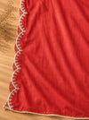 Ruby Red Self-Woven Tissue Jacquard Suit Set with Lace Detailed Dupatta