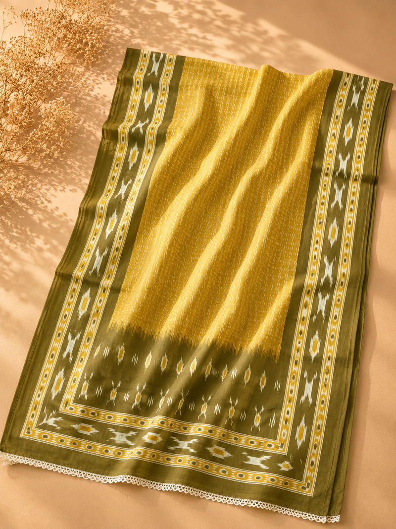 Mustard & Olive Pure Cotton Suit Set with Ikat-Inspired Print