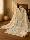 Ivory Heritage Print Cotton Suit Set with Embroidered Organza Dupatta