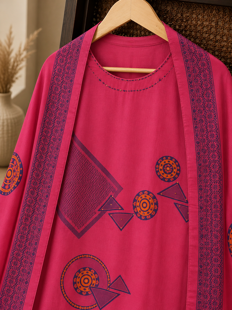 Fuchsia Russian Silk Suit Set with Geometric Printed Dupatta